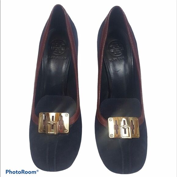 Tory Burch Black and Brown Heels with Gold Accent - Picture 6 of 8